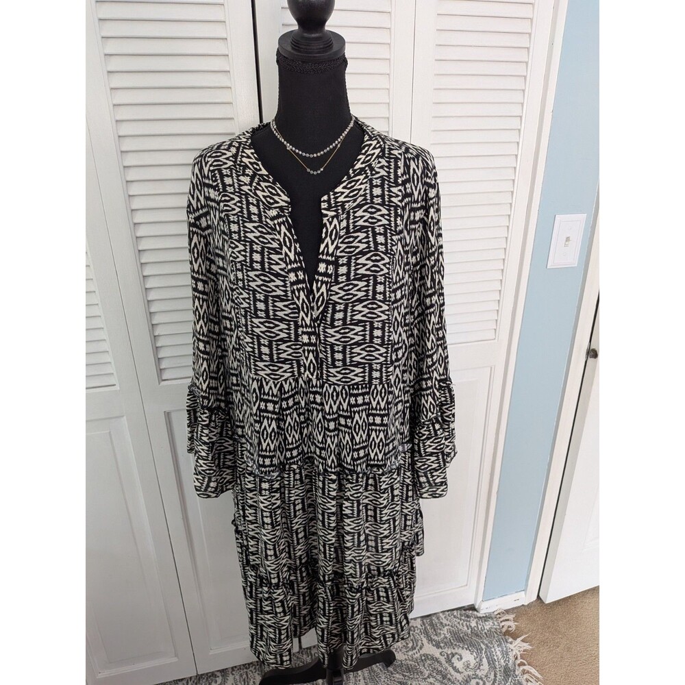 NY Collection Boho Dress Women's 3X Black Beige Geo Peasant Festival Cottagecore